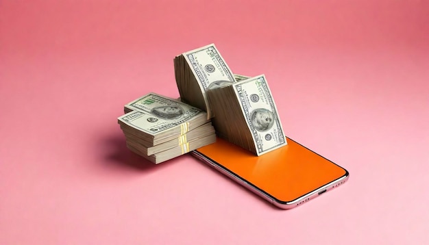 3d telefon komórkowy pomarańczowy smartfon z pieniędzmi stos banknotów odizolowany na różowym tle transfer strzałek zwrot gotówki oszczędzanie pieniędzy bogactwo biznes zwrot pieniędzy koncepcja zwrotu pieniędzy