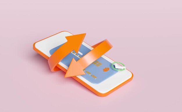 3D telefon komórkowy smartfon z kontrolą karty kredytowej wyizolowany na różowym tle transfer strzałek oszczędzanie pieniędzy bogactwo biznes zwrot gotówki koncepcja zwrotu pieniędzy 3D renderowanie ilustracji ścieżka wycięcia