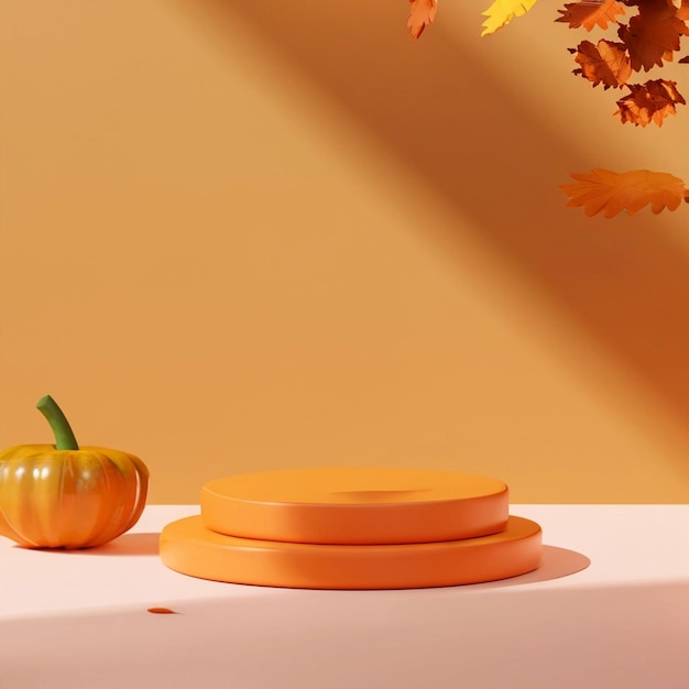 Zdjęcie 3d tło pomarańczowy wyświetlacz podium z dynią i jesienią liściem promocja kosmetycznych produktów kosmetycznych