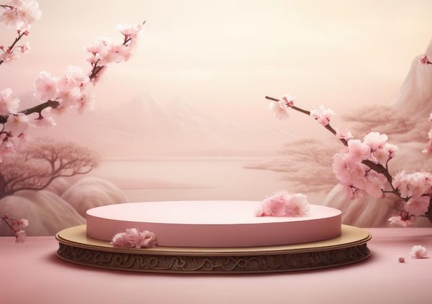 3D tło różowy wyświetlacz podium Sakura różowy kwiat spadający etap promocji produktu kosmetycznego lub kosmetycznego kwiatowy pastelowy piedestal Abstrakt minimalna reklama AI Generatywny