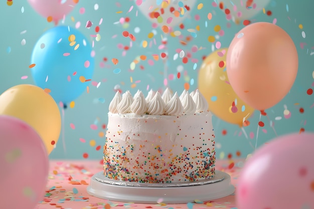 3D tło z tortem urodzinowym i balonami Szczęśliwy