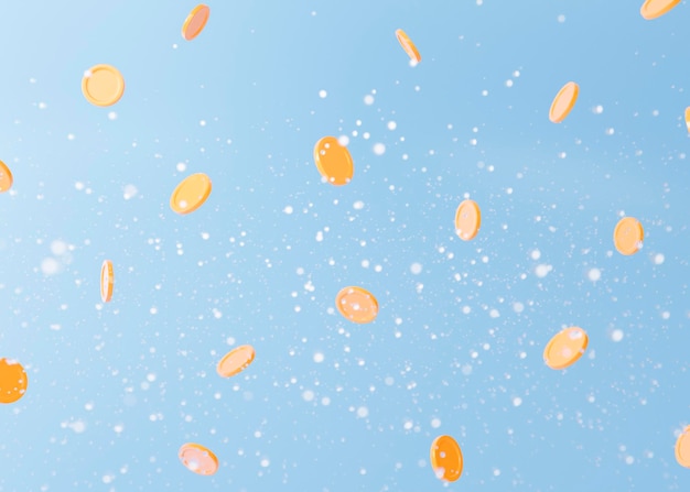 3d tło ze złotymi monetami na niebieskim tle z latającym śniegiem