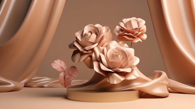 3D tło złota tkanina wyświetlacz podium Beżowe tło natura kwiat róży Generative Ai
