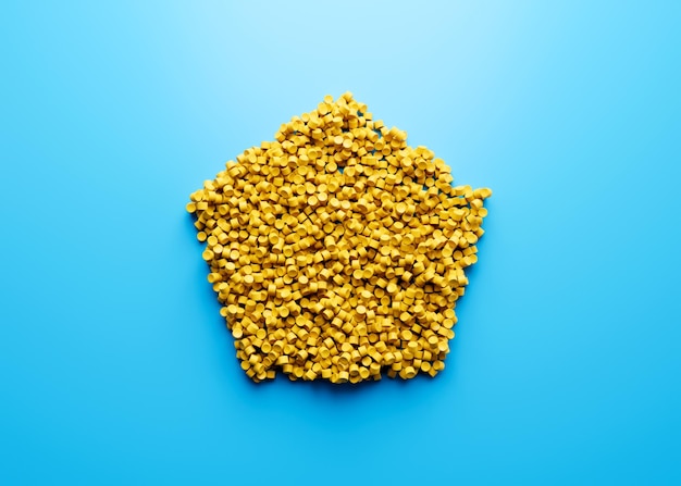 Zdjęcie 3d unikalny symbol kształtu pięciokąta wykonany z żółtych plastikowych polimerów morze niebieskie tło 3d ilustracja