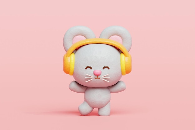 3D uroczy szczur słuchający muzyki z słuchawkami Postać zwierzęca z kreskówek renderowanie 3D