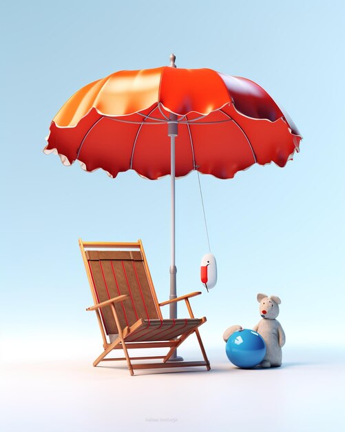 Zdjęcie 3d vector beach chair żółty parasol i piłka letnie wakacje koncepcja czasu do podróży