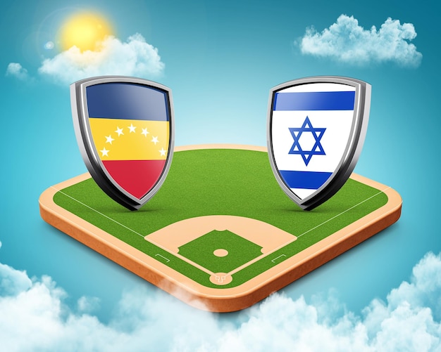 3d Venezuela Versus Israel Shield Icon na stadionie baseballowym z zieloną trawą 3d ilustracja