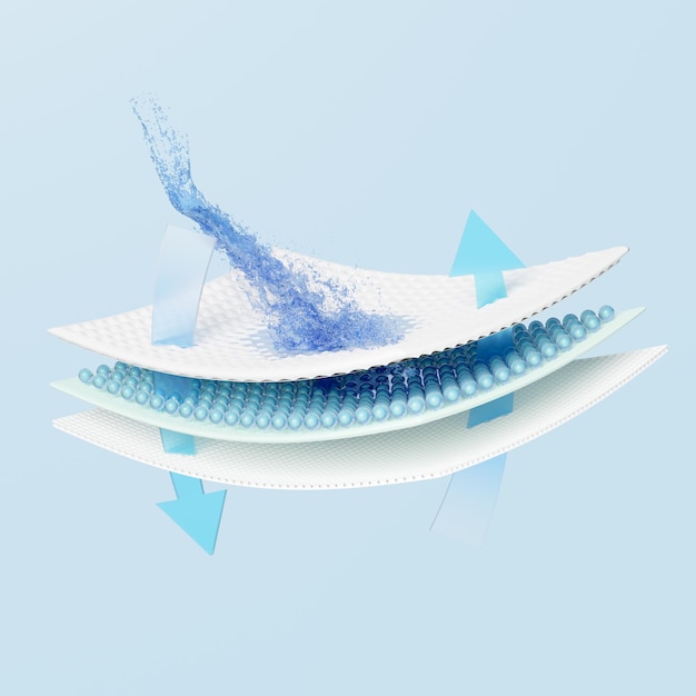 3d ventilate pokazuje rozpryski wody przezroczyste dla pieluch warstwa pochłaniająca włosy z pieluszką higieniczną pielucha dla niemowląt koncepcja dla dorosłych ilustracja renderowania 3d
