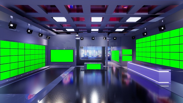 Zdjęcie 3d virtual tv studio news z zielonym ekranem, ilustracja 3d