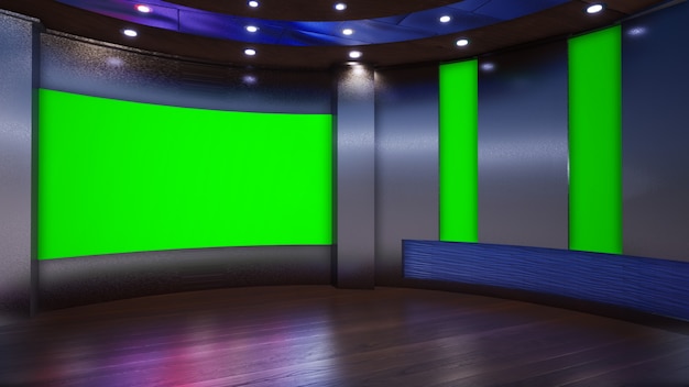 3d Virtual Tv Studio News Z Zielonym Ekranem, Ilustracja 3d