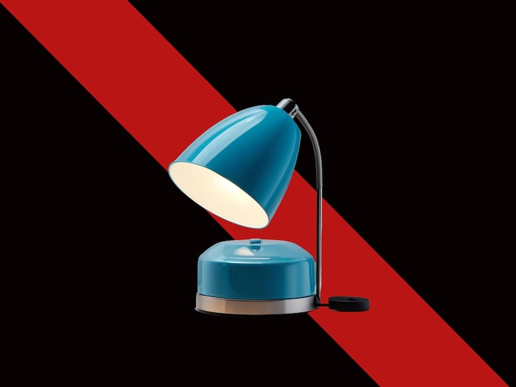 Zdjęcie 3d wektor niebieska naklejka lampy stołowej na białym tle