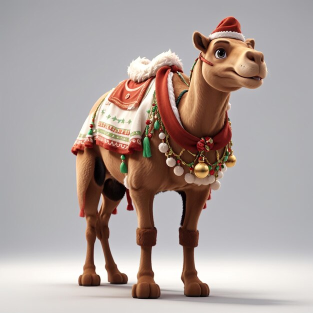 Zdjęcie 3d wielbłąd ma na sobie strój świąteczny, stojący na białym tle