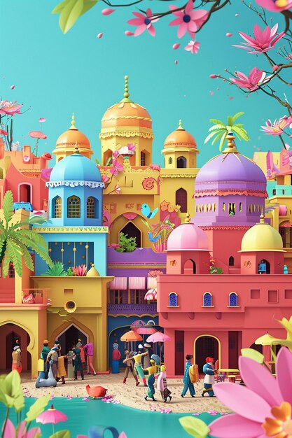 Zdjęcie 3d wizytówka przedstawiająca kolorową scenę bazaru