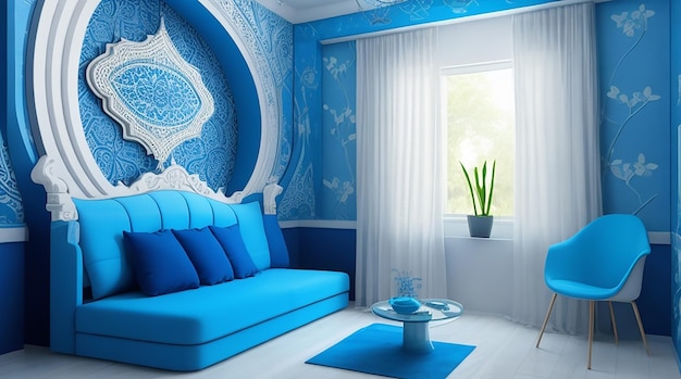 3d wystrój wnętrza pokoju z niebieskimi motywami