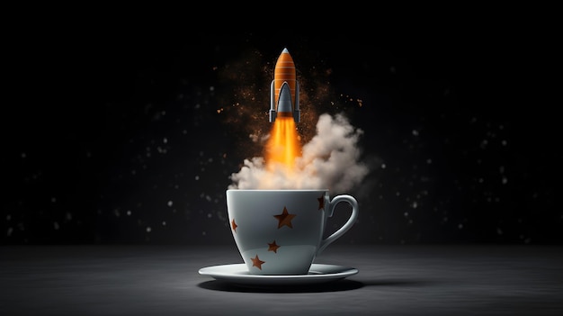 3D wyświetlacz rakiety wystrzelającej obok filiżanki kawy