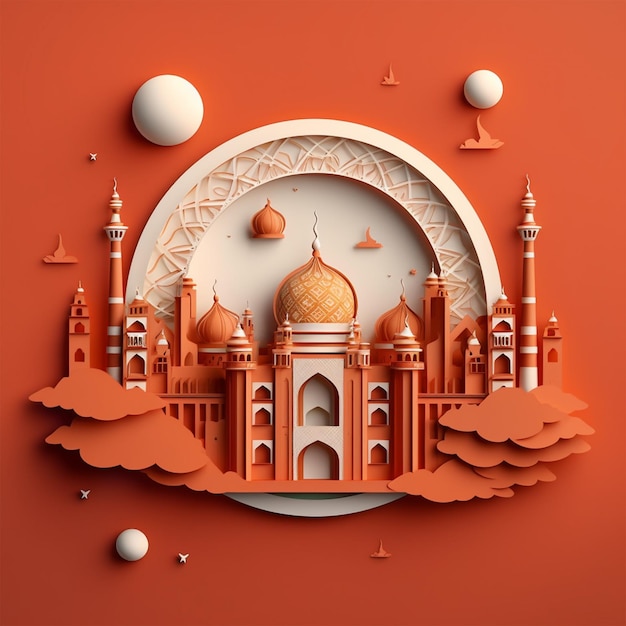 3D wytopiona ilustracja islamskiego meczetu w efekcie wycinanki z papieru