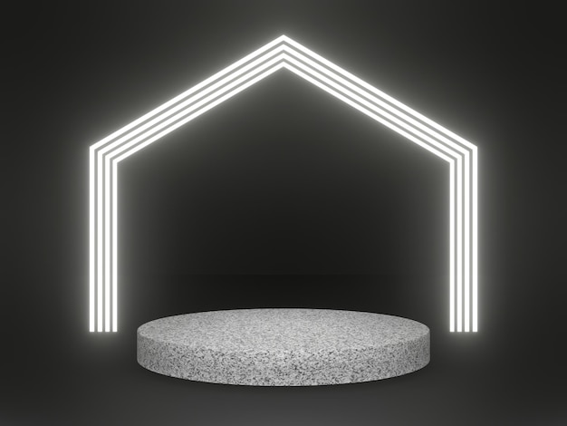 3D wytopione granitowe podium z białą neonową ramą. Kamień makieta na czarnym tle.