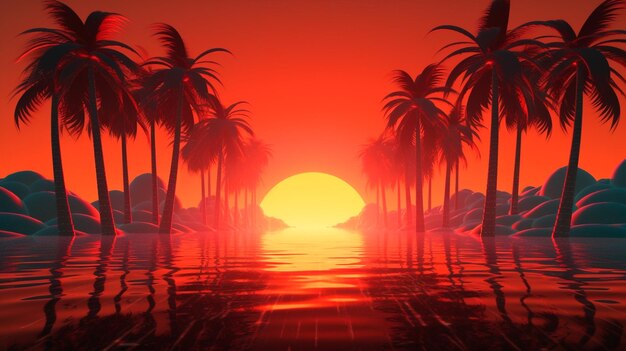 3D zachód słońca na plaży Retro palmy sci fi tło z oceanem Odbicie słońca w wodzie Futurystyczny krajobraz Styl lat 80.