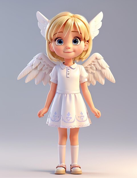 Zdjęcie 3d zdjęcie pięknej blondynki noszącej skrzydła anioła i białą sukienkę