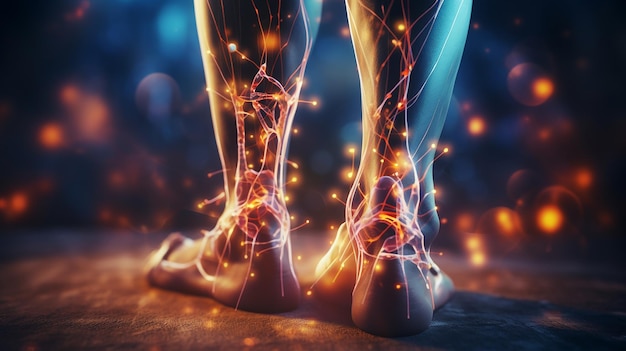 3D zdjęcie stóp z świecącymi kośćmi