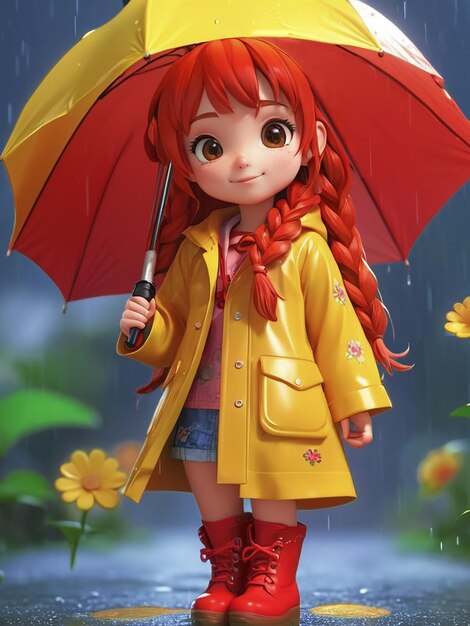 Zdjęcie 3d zdjęcie uroczej dziewczyny z czerwonymi włosami w płaszczu przeciwdeszczowym i parasolu