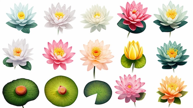 Zdjęcie 3d zestaw białych i różowych kwiatów lotosu łodygi i liście do reklamy i zaproszeń ilustracja wektorowa