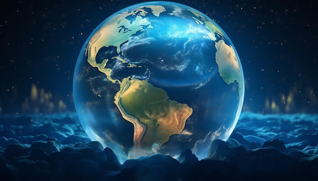 3D Ziemia otoczona przezroczystą świecącą bańką symbolizującą ochronę i opiekę Godzina Ziemi