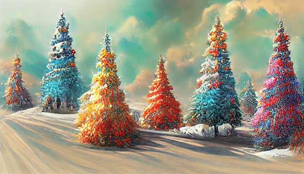 3D zimowy śnieżny krajobraz z tłem choinki dla karty z pozdrowieniami Generative Ai