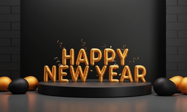 3D Złota Folia Tekst Szczęśliwego Nowego Roku nad podium z lokówką i balonami na czarnym tle