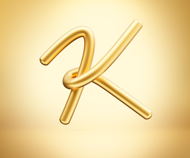 Zdjęcie 3d złote błyszczące wielkie litery k alfabet k zaokrąglone nadmuchiwane czcionki na złotym tle 3d ilustracja