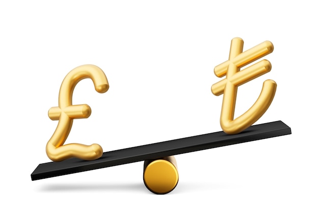 Zdjęcie 3d złoty funt i lira symbol ikony z 3d black balance waga huśtawka 3d ilustracji