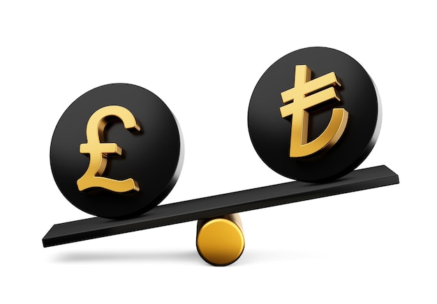 3d Złoty funt i lira Symbol na zaokrąglonych czarnych ikonach 3d Waga równowagi 3d ilustracja