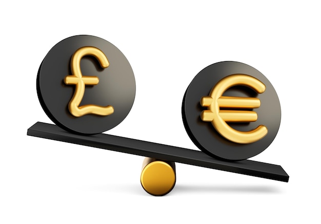 3D złoty funt i symbol euro zaokrąglone czarne ikony z 3d Balance Weight Seesaw 3d illustration