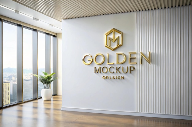 3D Złoty Mockup Logo na Białej Ścianie