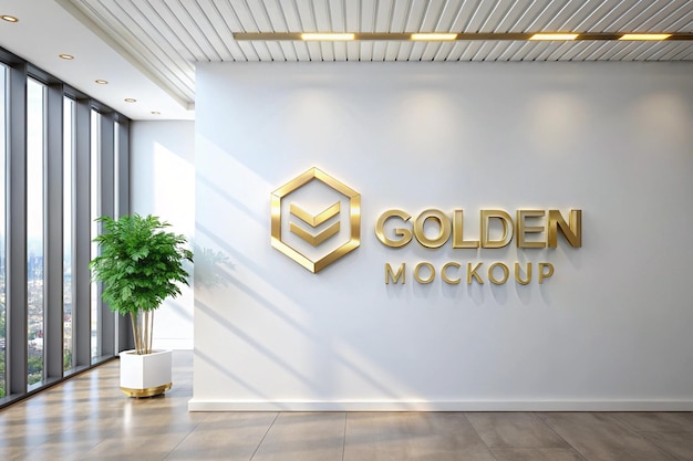 3D Złoty Mockup Logo na Białej Ścianie