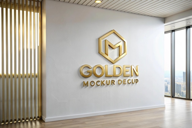 3D Złoty Mockup Logo na Białej Ścianie
