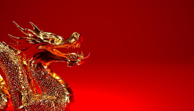 3D Złoty smok na czerwonym tle z miejsca na kopię Rok smoka Koncepcja chińskiego nowego roku 2024