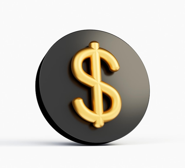 3d złoty symbol dolara na zaokrąglonej czarnej ikonie izolowanej na białym tle ilustracja 3d