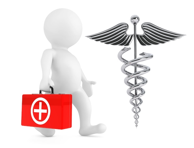 Zdjęcie 3d znak lekarza z symbolem kaduceusz srebrny medyczne na białym tle. renderowanie 3d