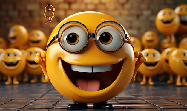 Zdjęcie 3d żółty kreskówka uśmiechnięty emotikon emocjonalny emotikon selektywny miękkie skupienie