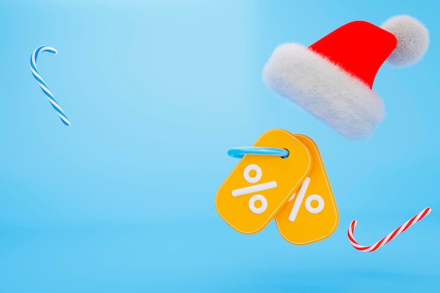 3d żółty kupon z czerwonym kapeluszem santa i cukierkami świątecznymi na jasnoniebieskim tle Marketing promocyjny