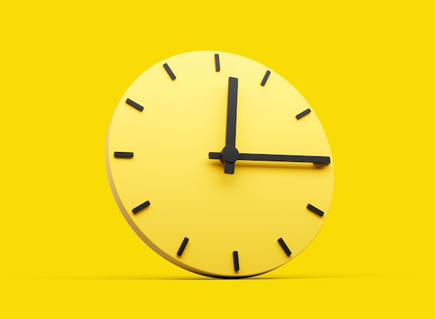 3d żółty okrągły zegar ścienny 1215 dwunasta piętnaście kwadrans po 12 na żółtym tle ilustracja 3d