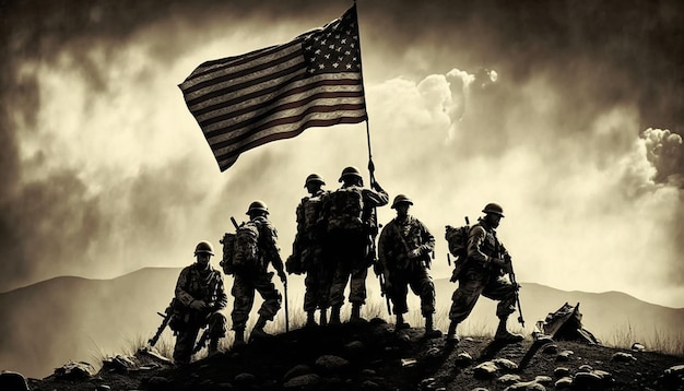 4 lipca ilustracja przedstawiająca armię USA trzymającą flagę Generative ai