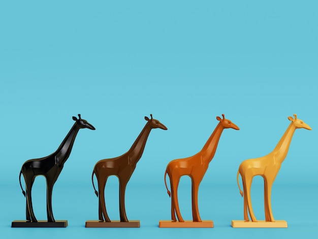 Zdjęcie 4 żyrafy rzeźby z miejsca na kopię. minimalna koncepcja. renderowania 3d