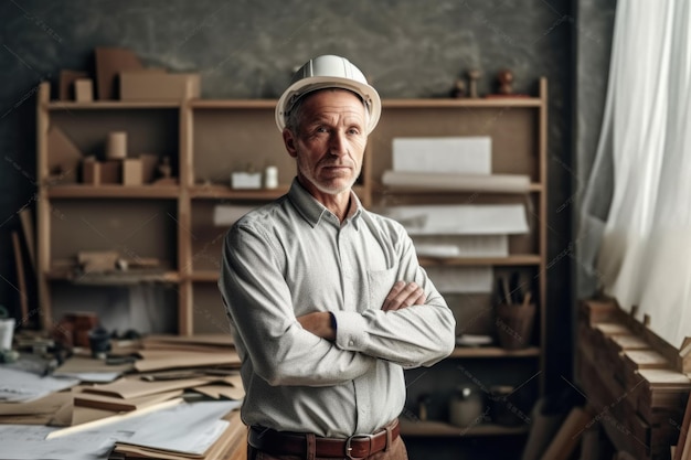 40-letni architekt stojący w kreatywnym nowoczesnym biurze Generative AI AIG20