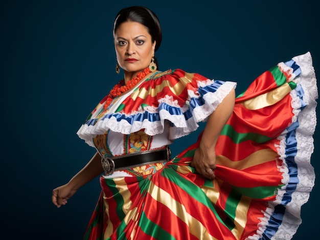 40-letnia Meksykanka w emocjonalnej, dynamicznej pozie na jednolitym tle