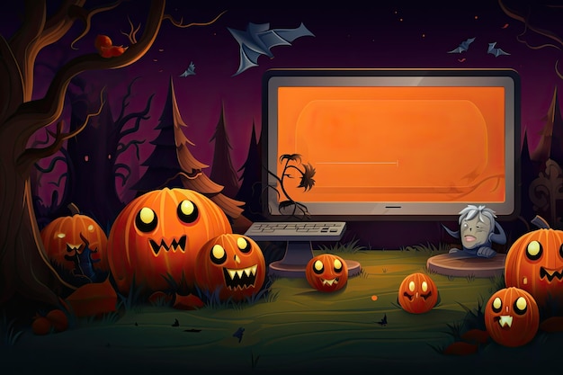 404 Halloween Timeout Błąd strony internetowej z pustym monitorem ilustracja wektorowa nawiedzonego lasu