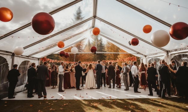 Zdjęcie 50 radosnych gości tańczących z nowożeńcami na kanadyjskim weselu na świeżym powietrzu