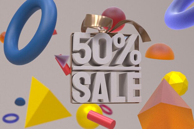 50% sprzedaży z kokardą i wstążką 3d na tle abstrakcyjnej geometrii