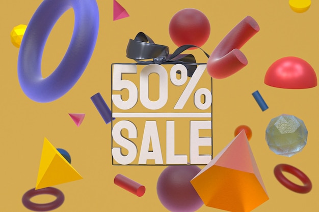 50% sprzedaży z kokardą i wstążką 3d na tle abstrakcyjnej geometrii